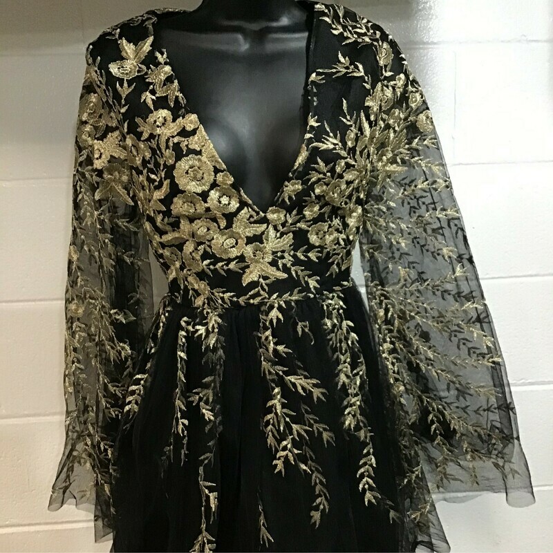 Black Dress With Gold Vine  Embroidery