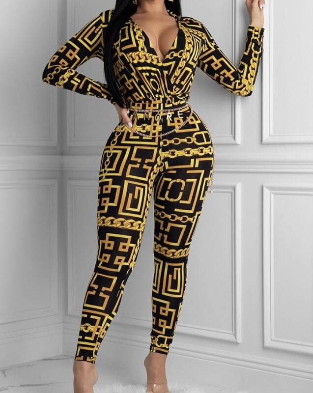 All Chained Up Black and Gold  Bodysuit Pant Set