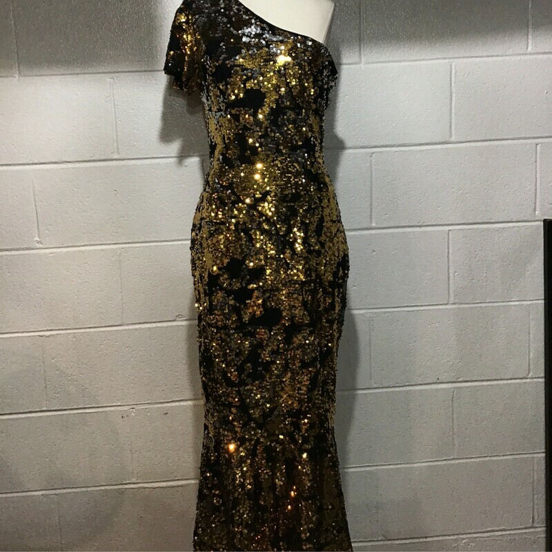 One Shoulder Gold/Black/Silver Long Sequin Dress