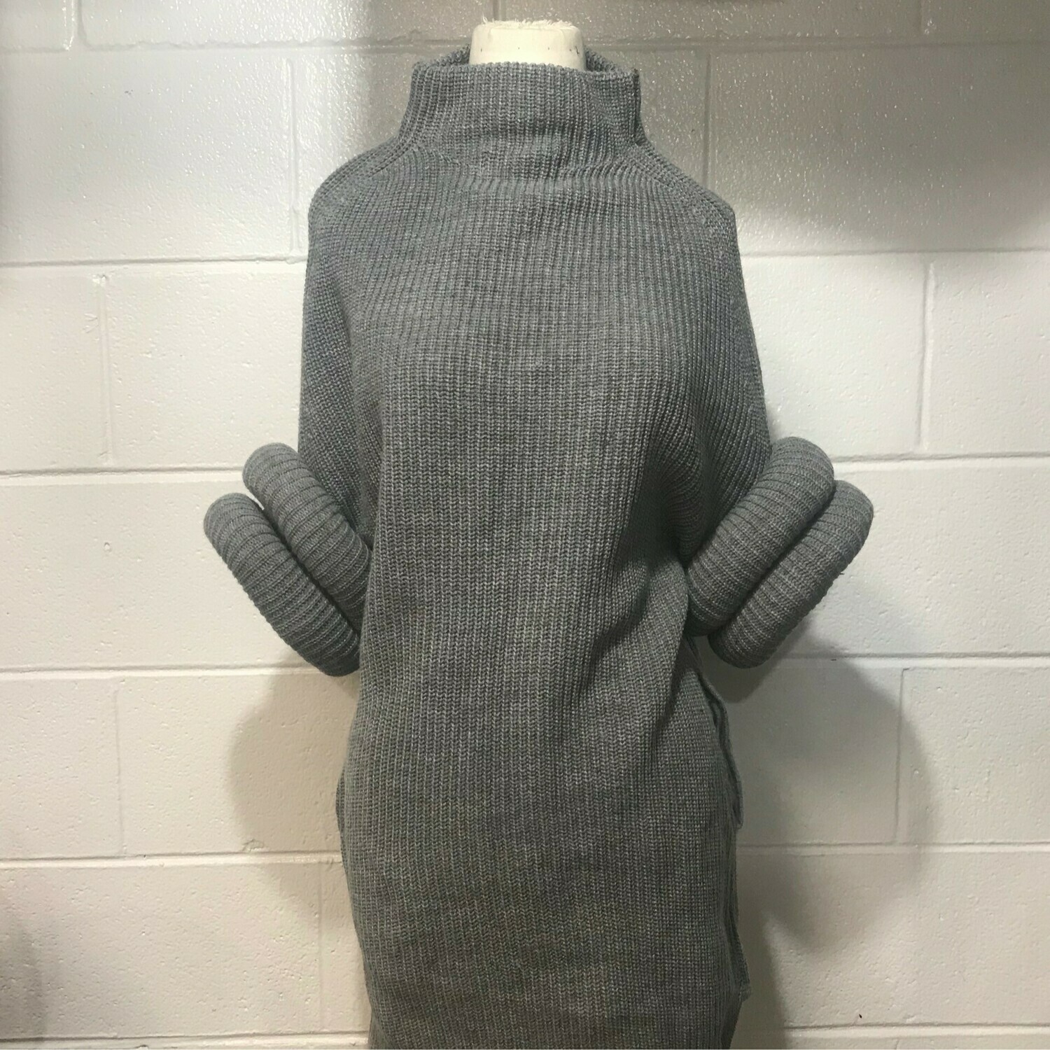 Grey Sweater Dress With Cable short Sleeve