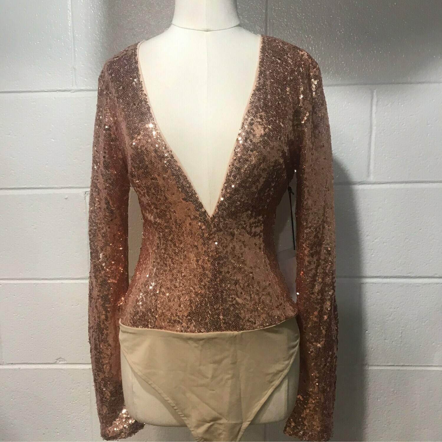 Sequin Deep V Cut Rose Gold Bodysuit
