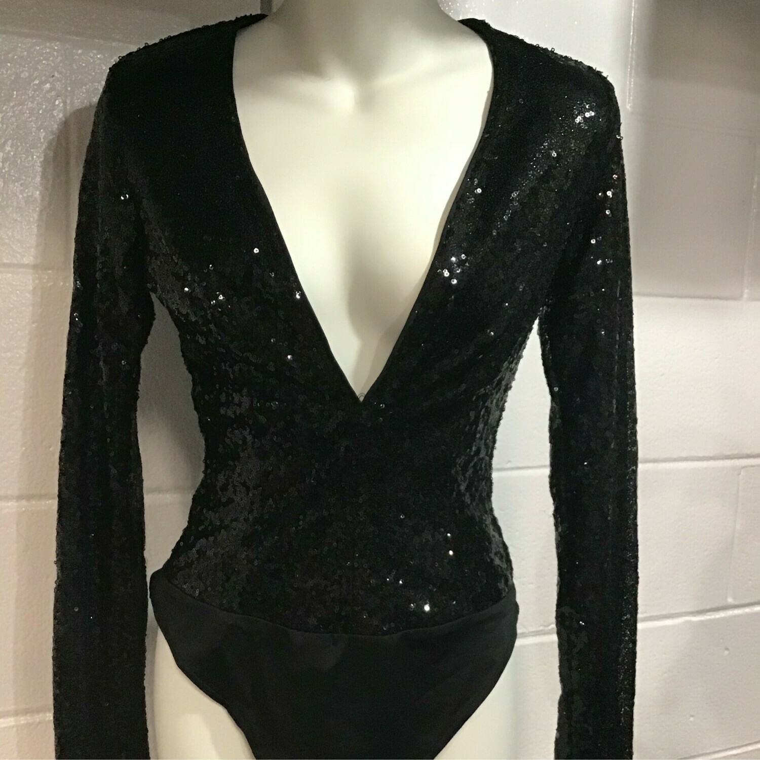 Black  Sequin Deep Cut Bodysuit