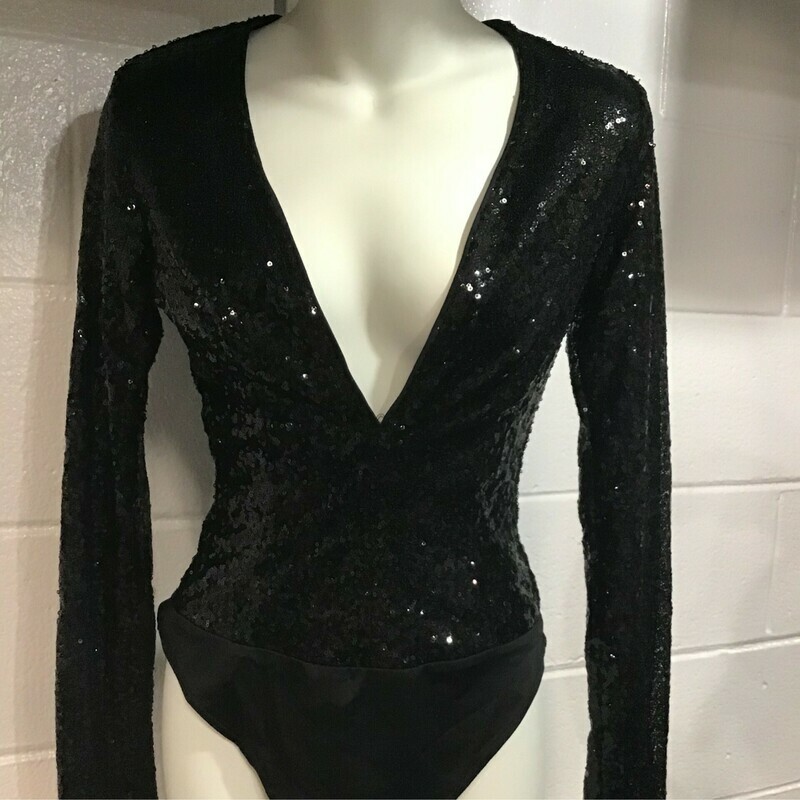 Black  Sequin Deep Cut Bodysuit