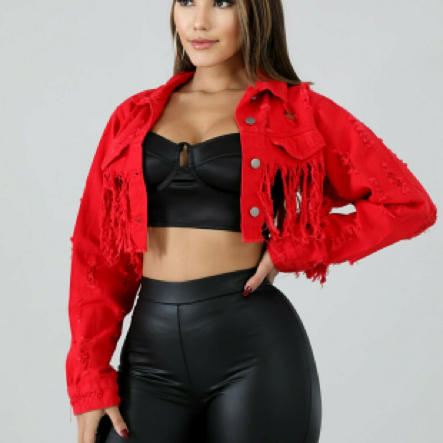 Shreds Crop Denim Jacket Red