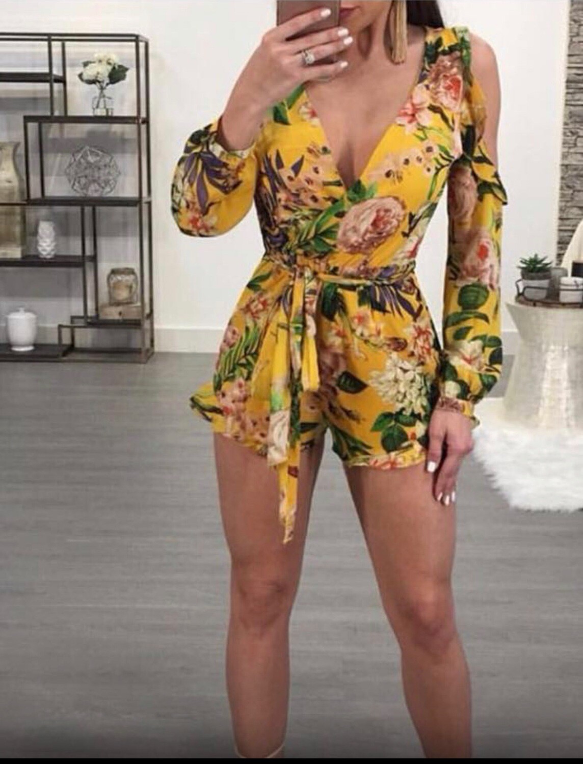 V Neck Floral Mini Jumpsuit