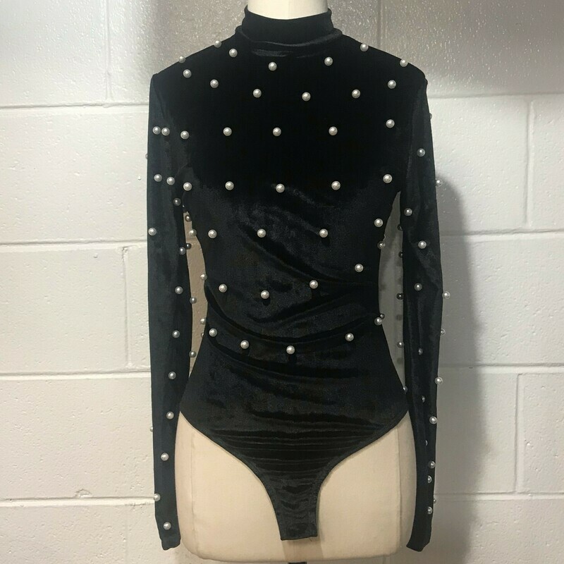 Black Velvet Mock Neck With Pearls Bodysuit