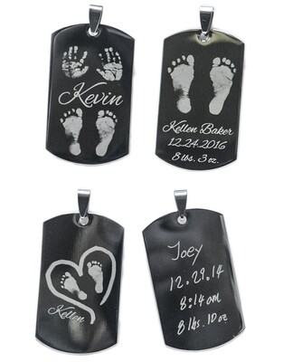 Baby Footprints, Hand Prints, Handwriting New Born Baby Custom Engraving Stainless Steel Dog Tag Necklace