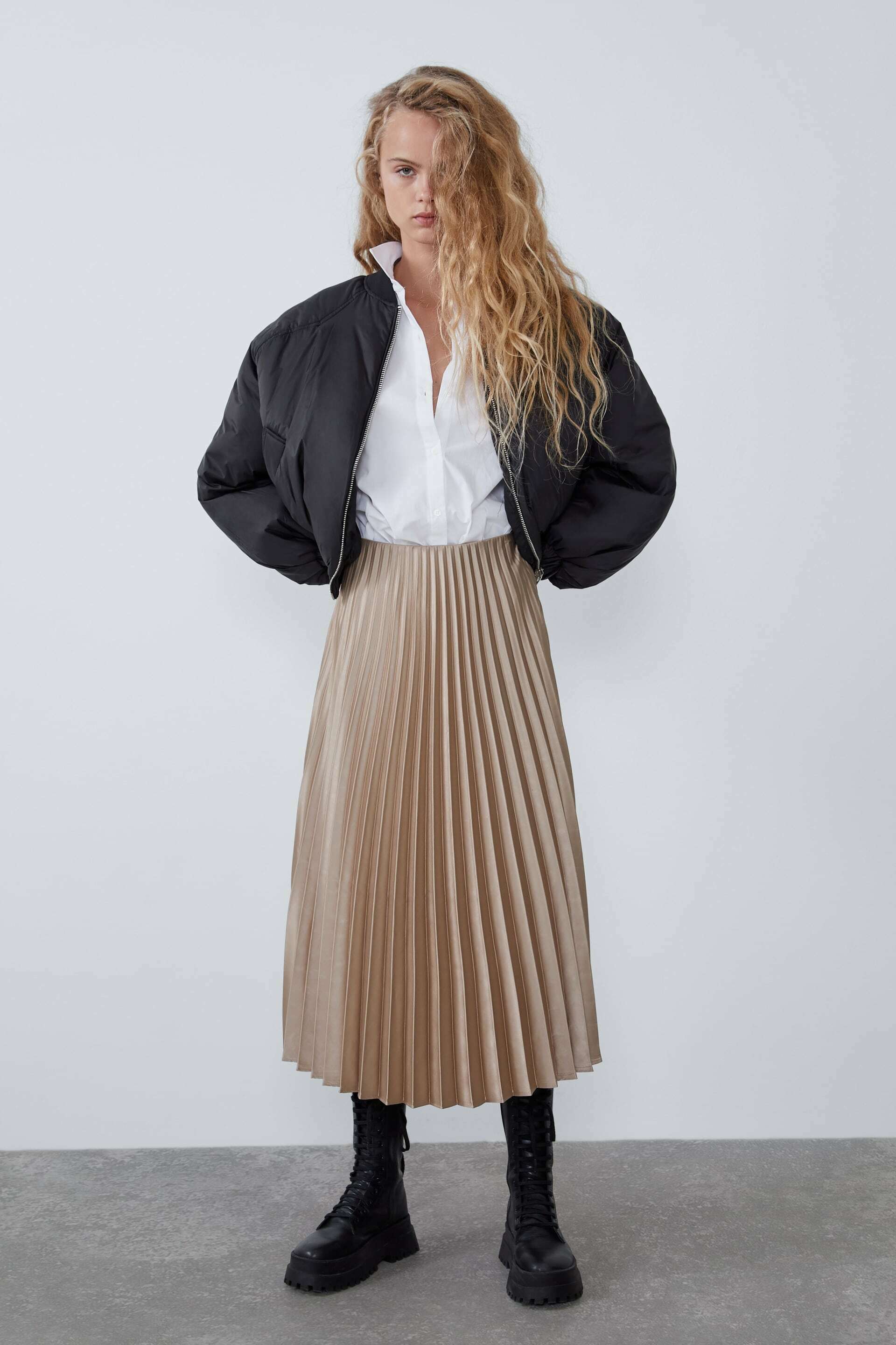 ZARA Gold Pleated Satin Effect Skirt