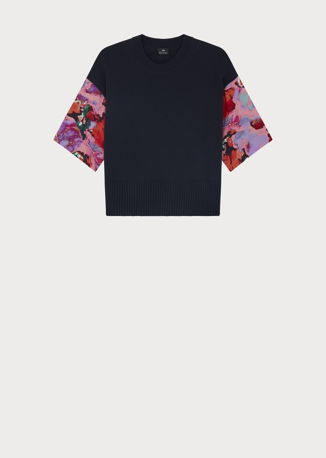 Paul Smith Navy Crew Neck Sweater with Short Sleeves in Marble Floral Print