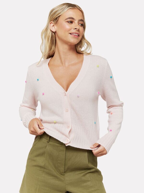 Brodie Cashmere Little Pom Cardigan in Cherry BLossom