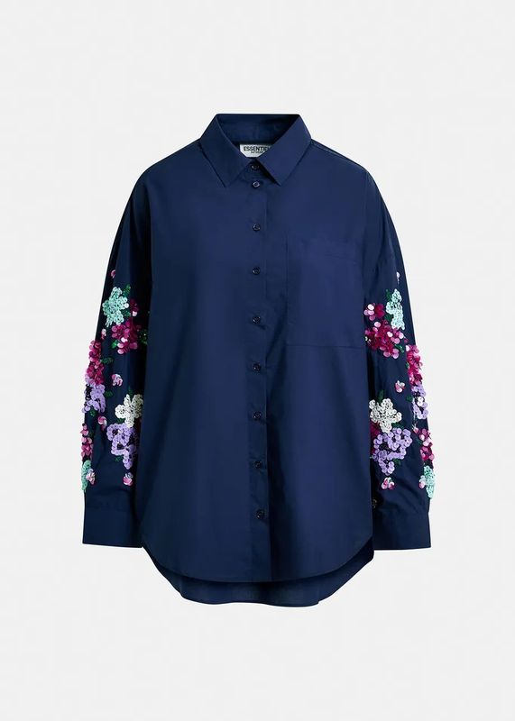 Essentiel Antwerp Gristle Navy Blue Cotton shirt with floral sequin embroideries