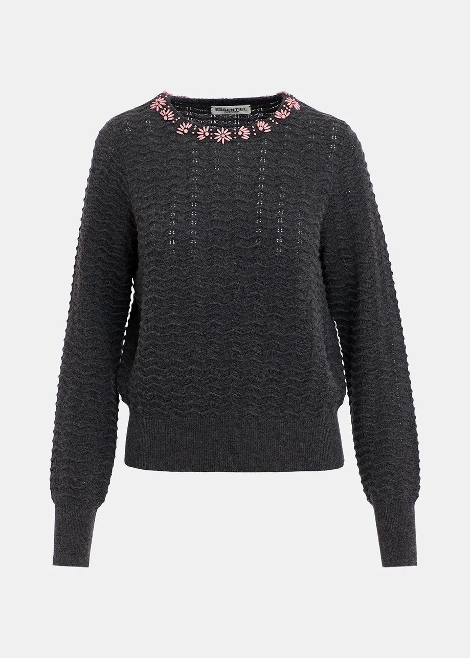 Essentiel Antwerp Grazia Dark Grey Ribbed Sweater With Jewelled Neck