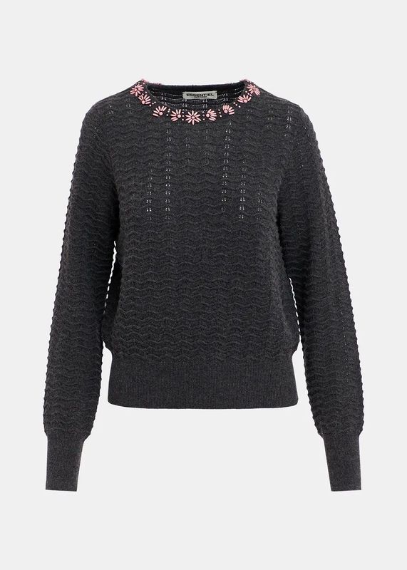 Essentiel Antwerp Grazia Dark Grey Ribbed Sweater With Jewelled Neck