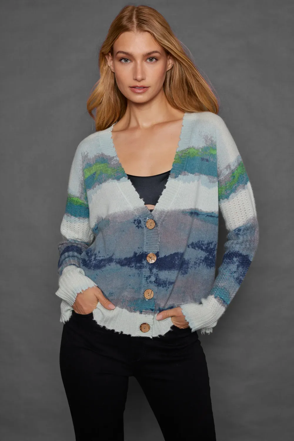 Lisa Todd Cashmere Cardigan in Blue Brush Stroke Print