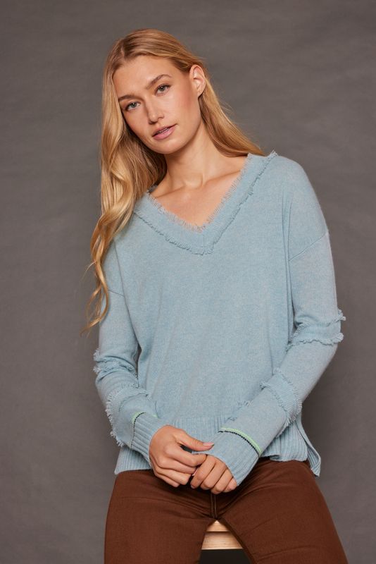 Lisa Todd Fringed Cashmere Sweater in Soft Blue