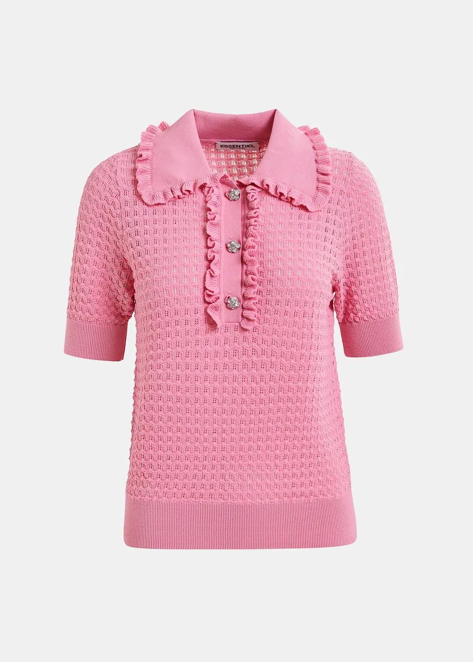 Essentiel Antwerp Hemirates Knitted Polo  With Ruffles and Rhinestone Embellished Buttons Pink