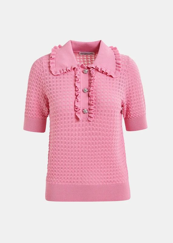 Essentiel Antwerp Hemirates Knitted Polo  With Ruffles and Rhinestone Embellished Buttons Pink
