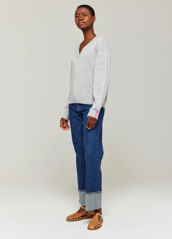 Brodie Cashmere Embroidered Palm V Neck in Super Grey