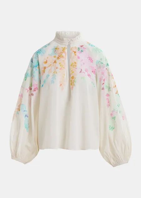 Essentiel Antwerp Hitrus  Off-white, orange and pink cotton top with floral embroidery and mandarin collar