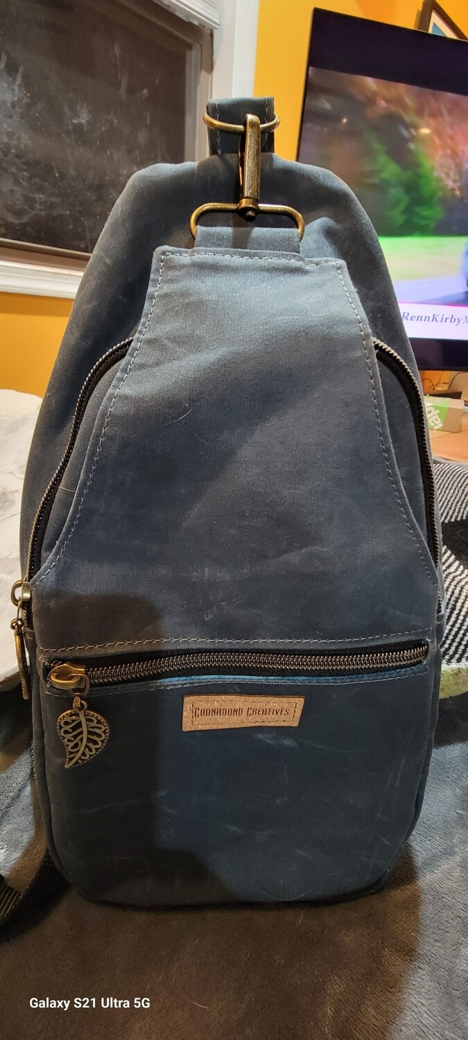 Waxed Canvas Retro Sling Backpack, Preferred waxed canvas color (starting point for discussions): Orion Blue (shown)