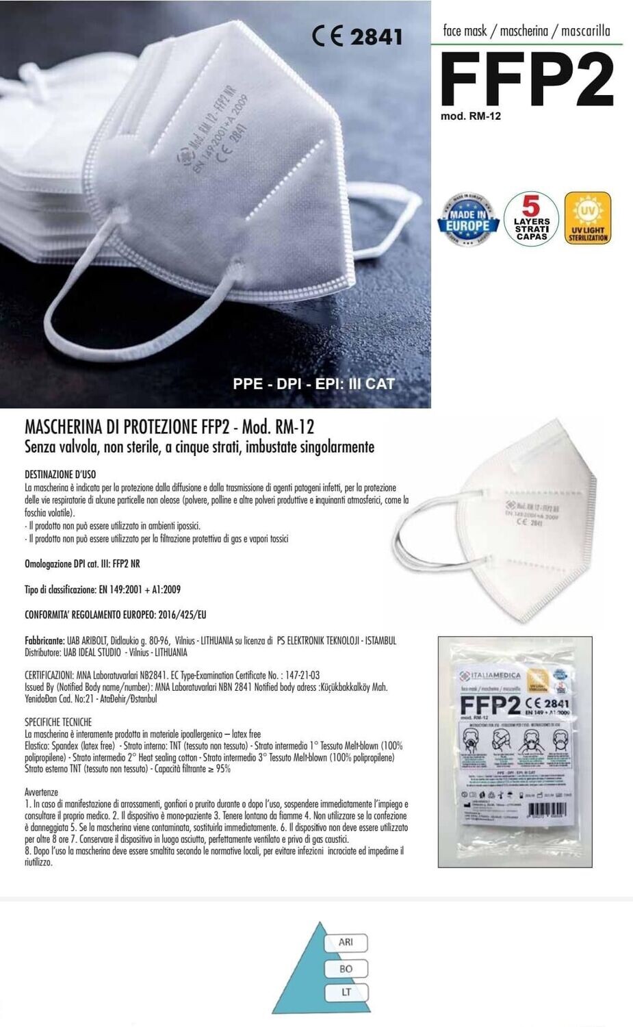100 pz FFP2 made in EUROPA, con certificazione CE - OFFERTA Risparmio