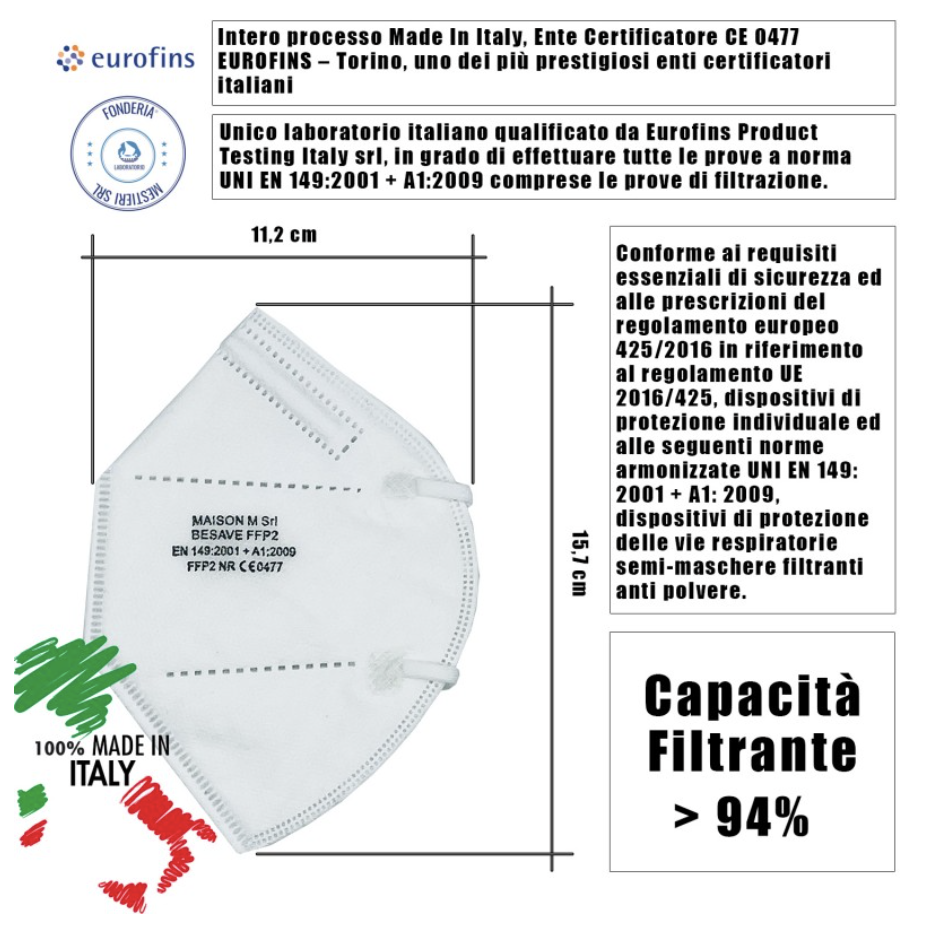20 pz FFP2 Protettiva, 100% Made In Italy, Super Filtrante