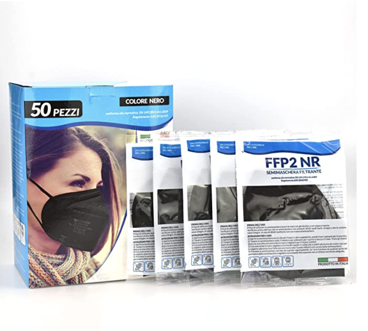 50 PZ Mascherine FFP2 colore Nero, MADE IN ITALY CE 2233 Produzione Italiana E Sanificata
