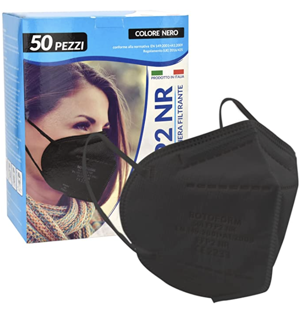 50 PZ Mascherine FFP2 colore Nero, MADE IN ITALY CE 2233 Produzione Italiana E Sanificata