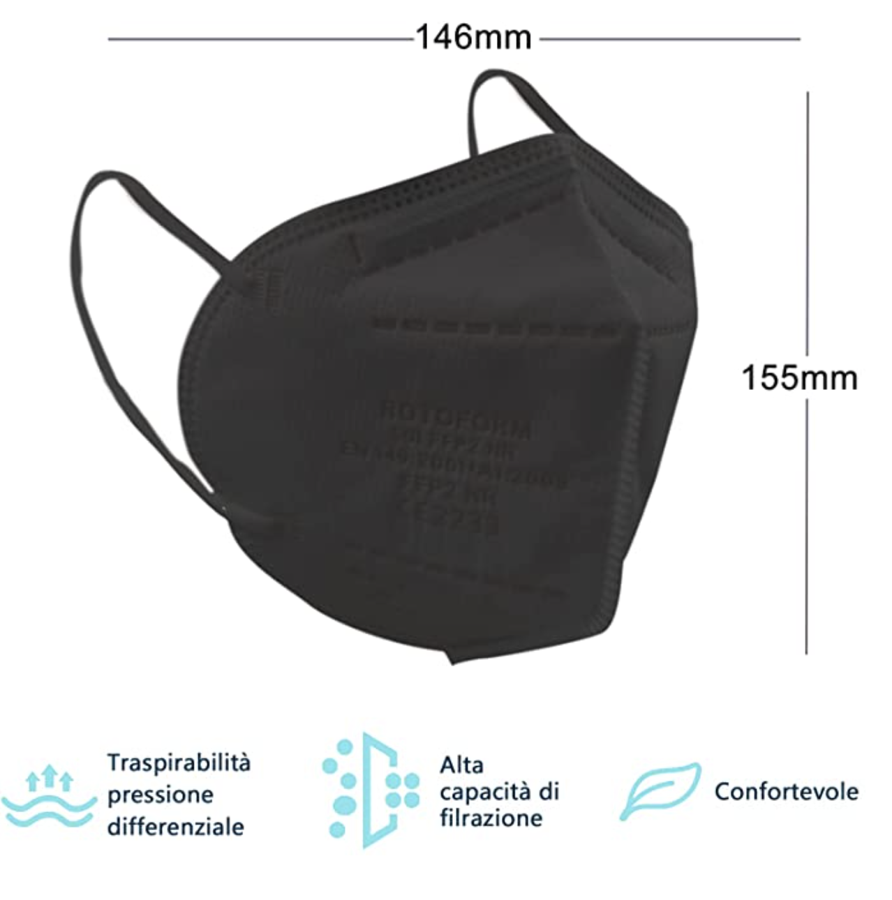 50 PZ Mascherine FFP2 colore Nero, MADE IN ITALY CE 2233 Produzione Italiana E Sanificata