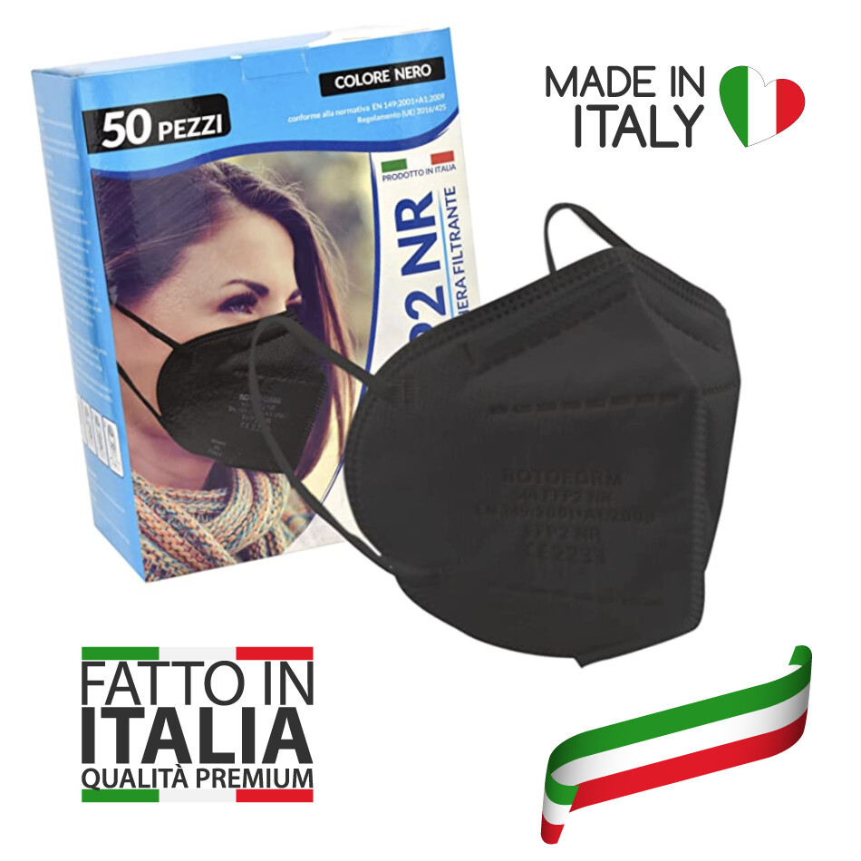 50 PZ Mascherine FFP2 colore Nero, MADE IN ITALY CE 2233 Produzione Italiana E Sanificata