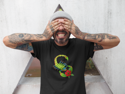 Scorpion Short-Sleeve Unisex T-Shirt - Bright colourful traditional tattoo style scorpion holding a flower