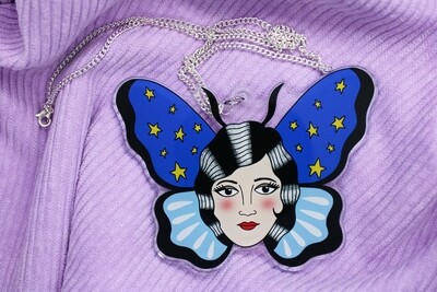 Starry Night Lady Head Butterfly Necklace