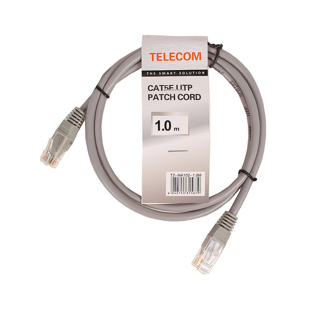 Патчкорд литой "Telecom" UTP кат.5е 1,0м серый