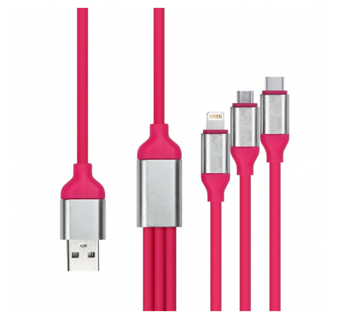 Кабель Smartbuy USB - 3 в 1 Micro+TypeC+8pin, резин, толст. 1.2 м, до 3А розовый