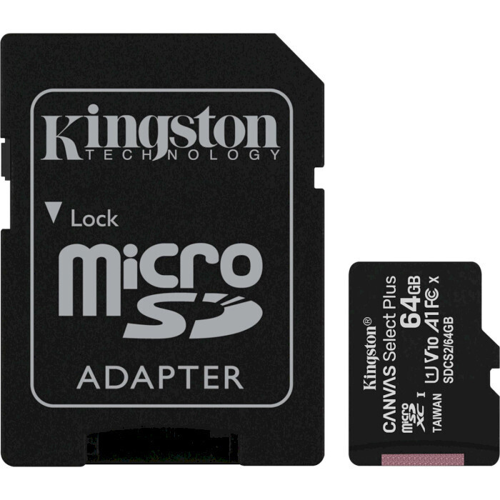 Карта памяти KINGSTON microSDXC Canvas Select Plus 64GB UHS-I U3 V10 A1 Class 10 + SD-adapter (SDCS2/64GB)