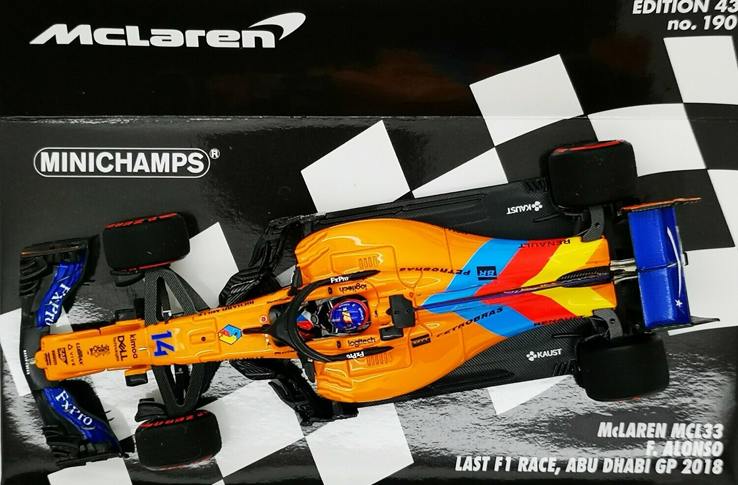 2018 Minichamps Mclaren Renault MCL33 F Alonso Abu Dhabi GP 1/43 scale