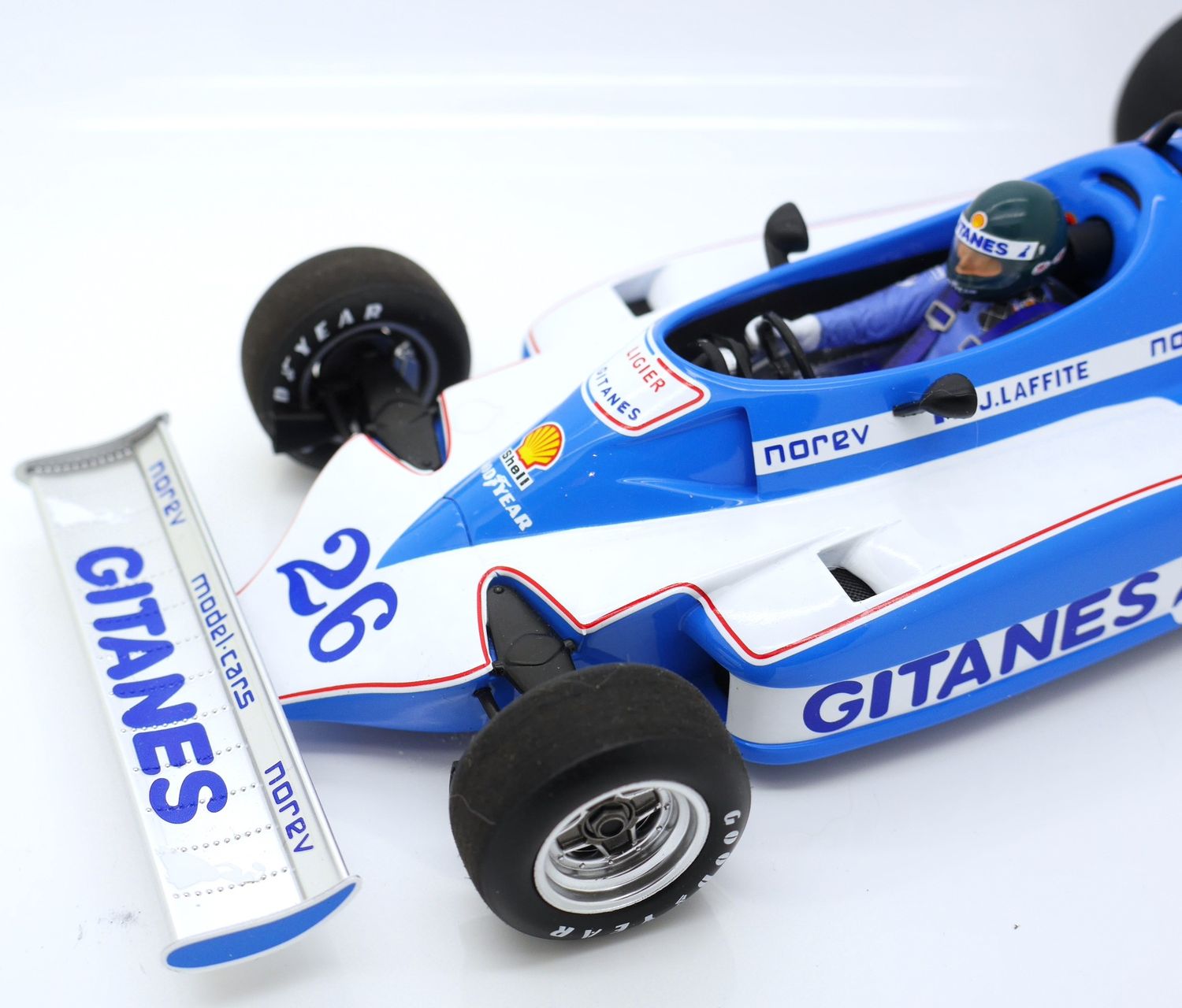 1977 Spark Gitanes Ligier Matra JS7 J Laffite Winner Swedish GP 1/18