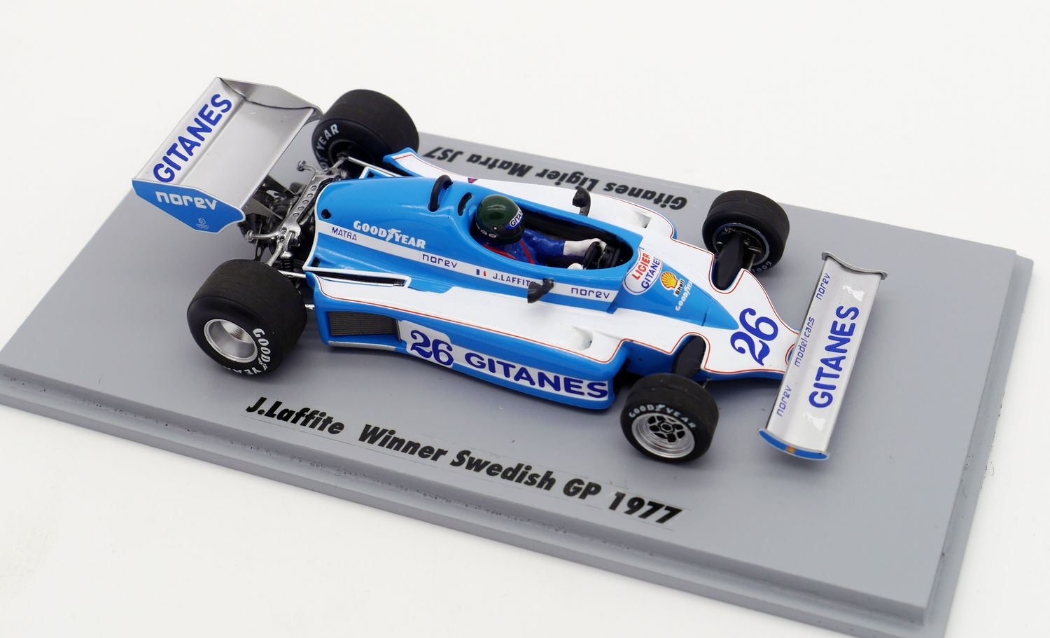 1977 Spark Gitanes Ligier Matra JS7 J Laffite Swedish GP 1/43
