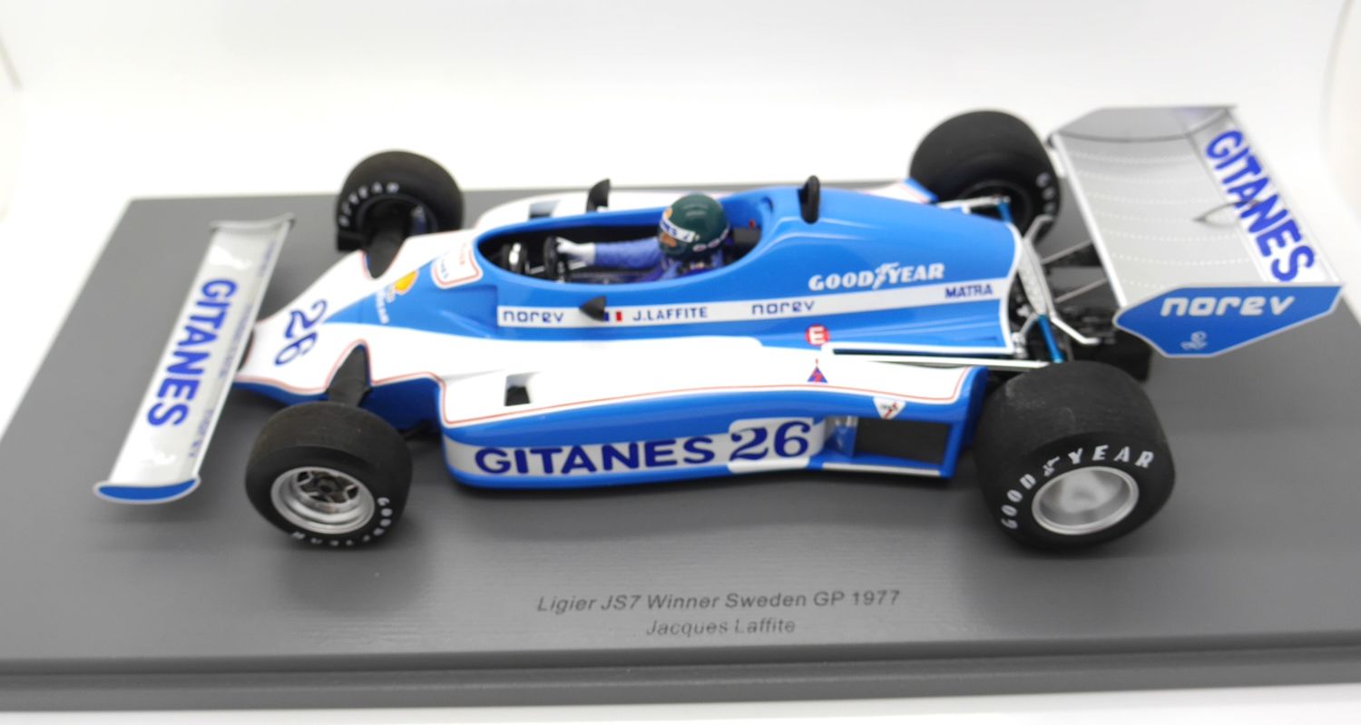 1977 Spark Gitanes Ligier Matra JS7 J Laffite Winner Swedish GP 1/18