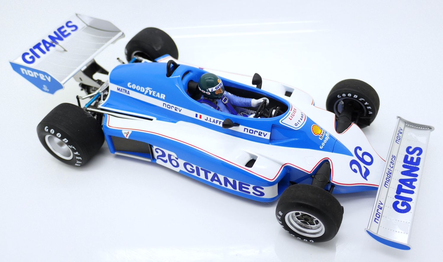 1977 Spark Gitanes Ligier Matra JS7 J Laffite Winner Swedish GP 1/18
