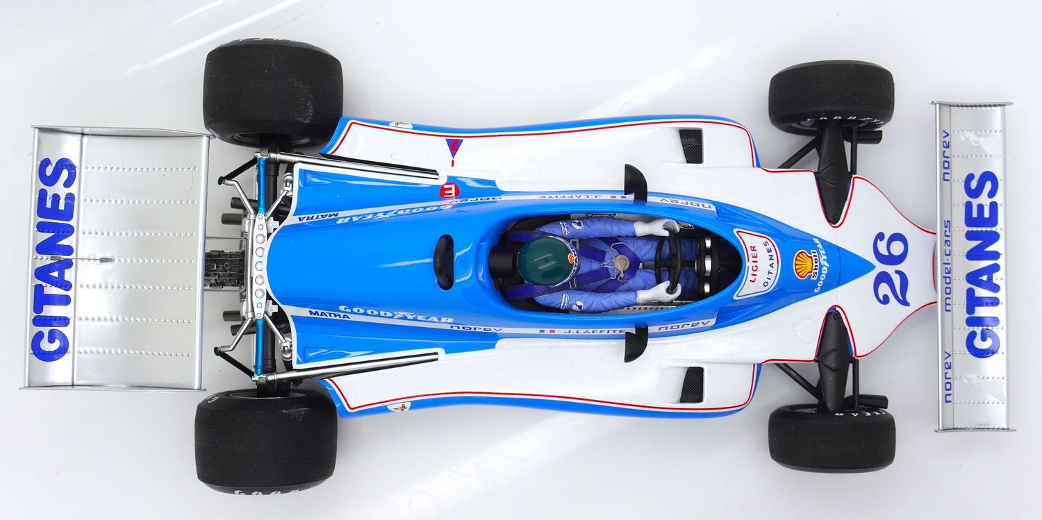 1977 Spark Gitanes Ligier Matra JS7 J Laffite Winner Swedish GP 1/18