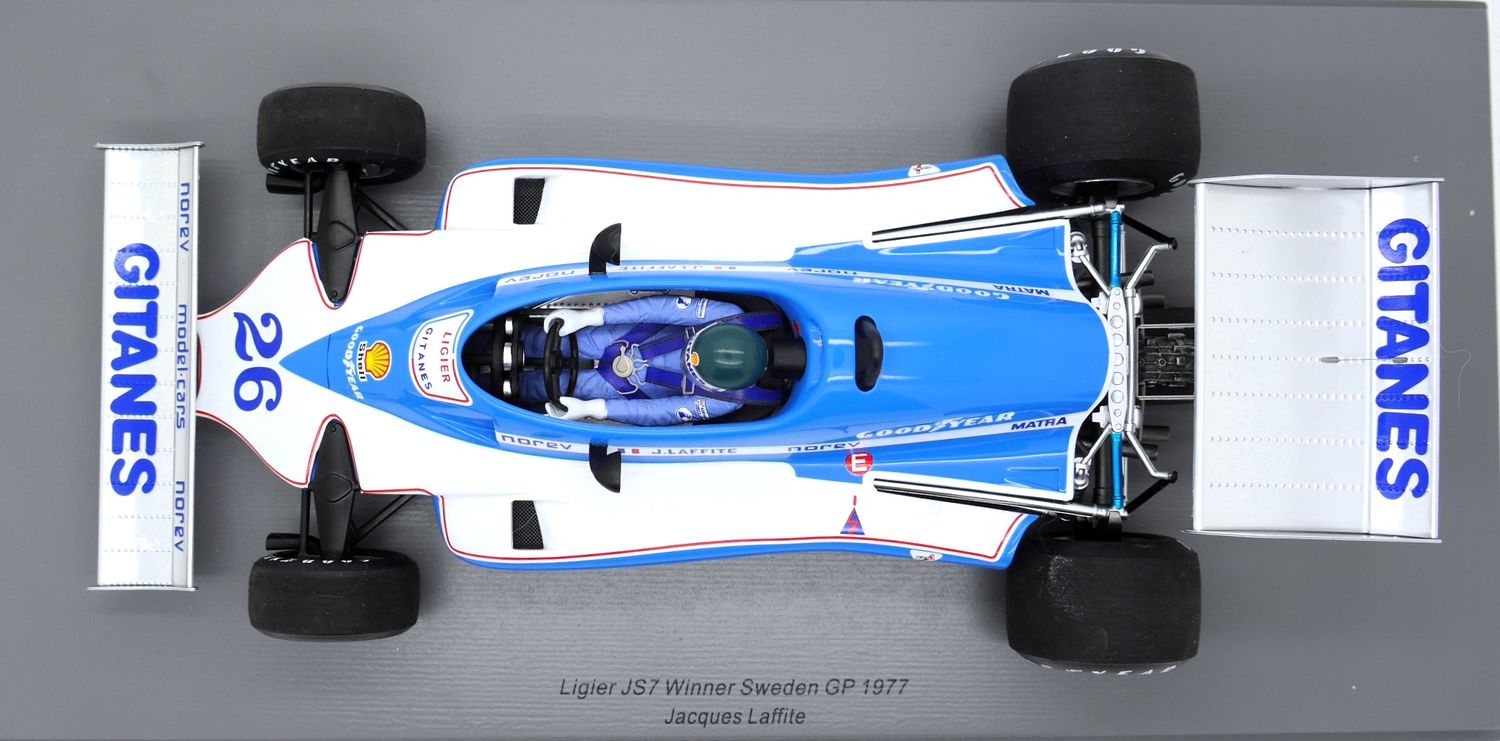 1977 Spark Gitanes Ligier Matra JS7 J Laffite Winner Swedish GP 1/18
