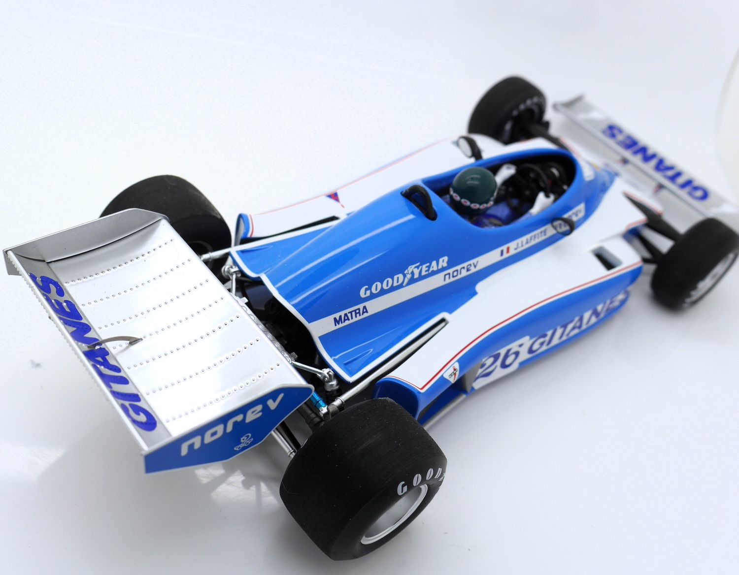 1977 Spark Gitanes Ligier Matra JS7 J Laffite Winner Swedish GP 1/18