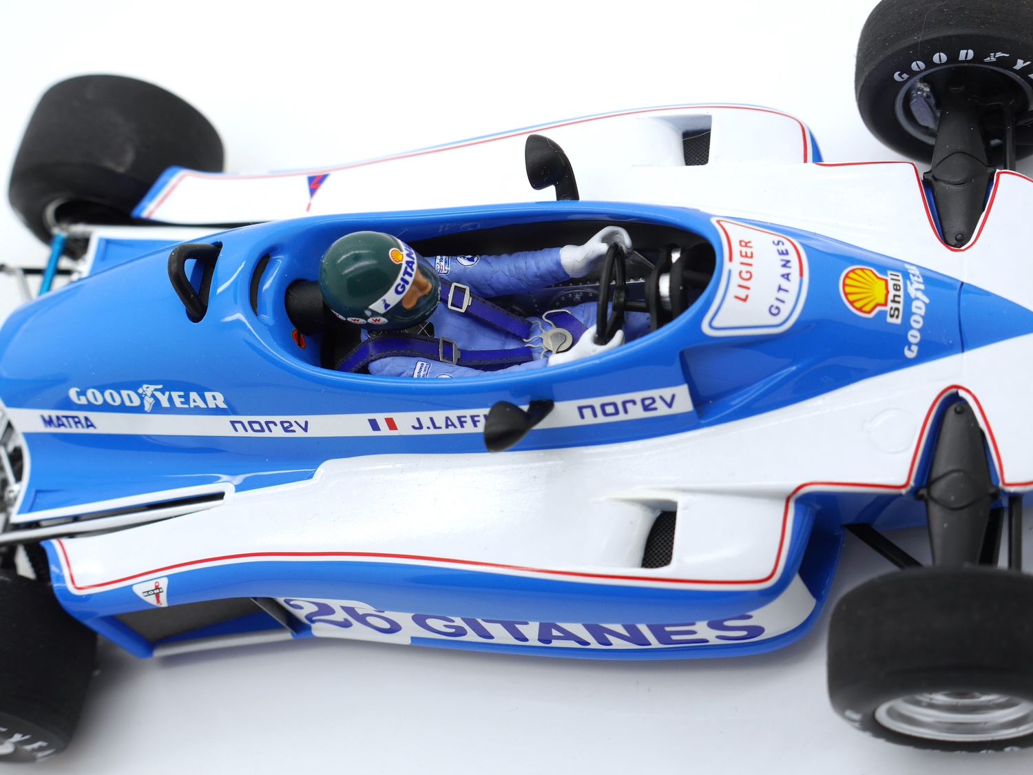 1977 Spark Gitanes Ligier Matra JS7 J Laffite Winner Swedish GP 1/18