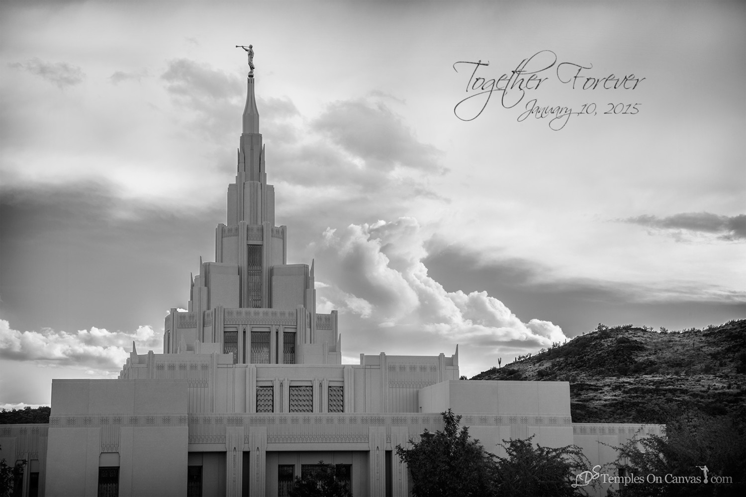 Phoenix AZ LDS Temple - Mountain of the Lord - Black & White Print