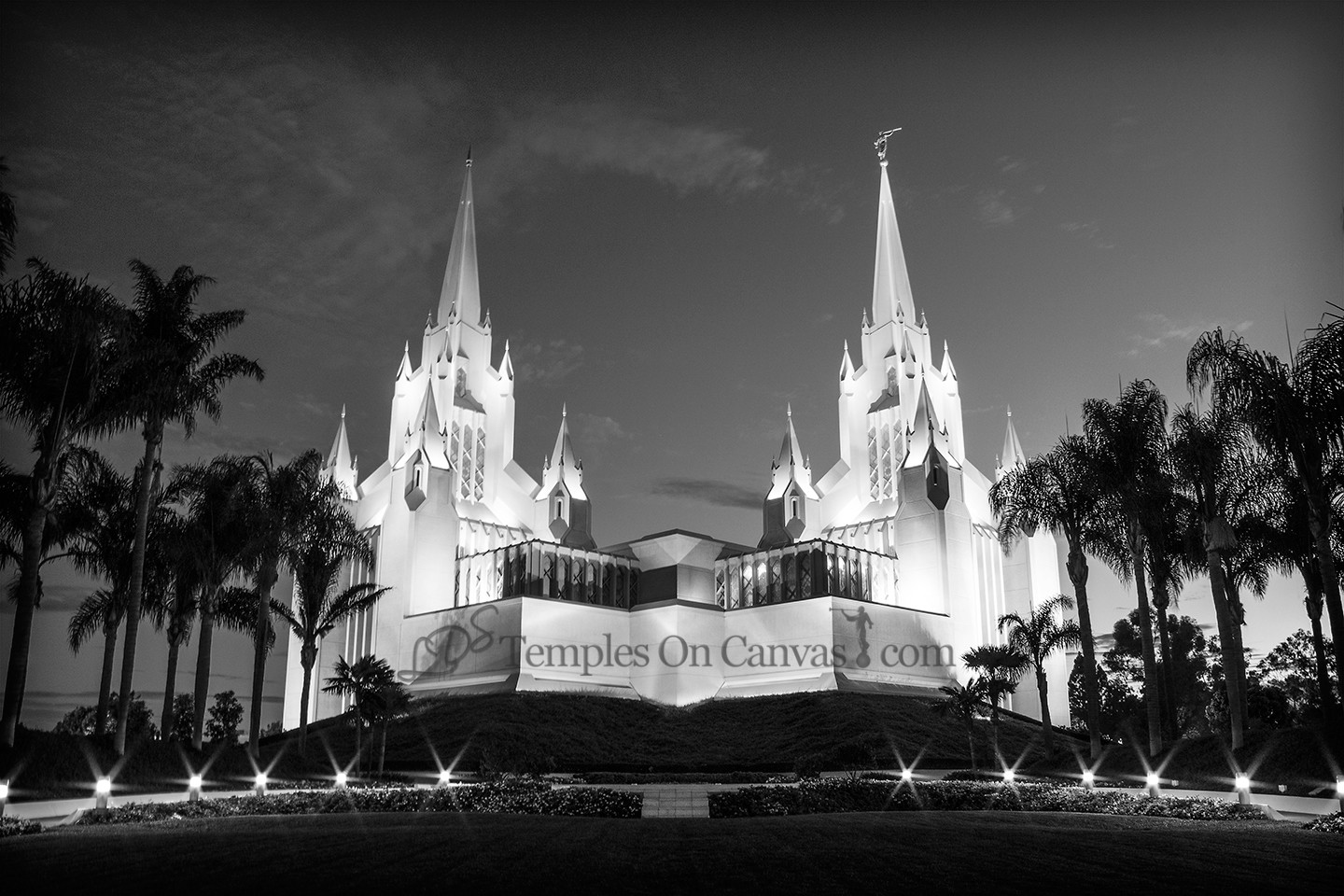San Diego CA Temple Art - Summer Sunrise - Black & White