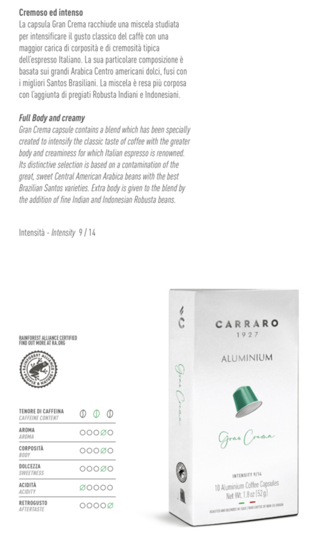 Carraro Nespresso Gran Crema Aluminum x10 капсули