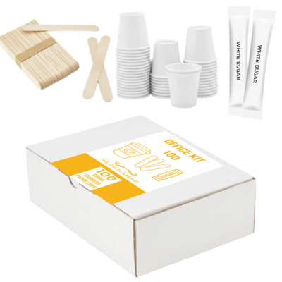 Office Kit eco 100 хартиени чаши, 100 дрвени лажички и 100 шеќерчиња