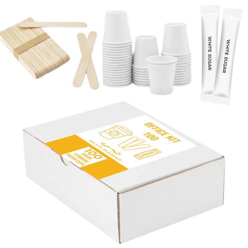 Office Kit eco 100 хартиени чаши, 100 дрвени лажички и 100 шеќерчиња