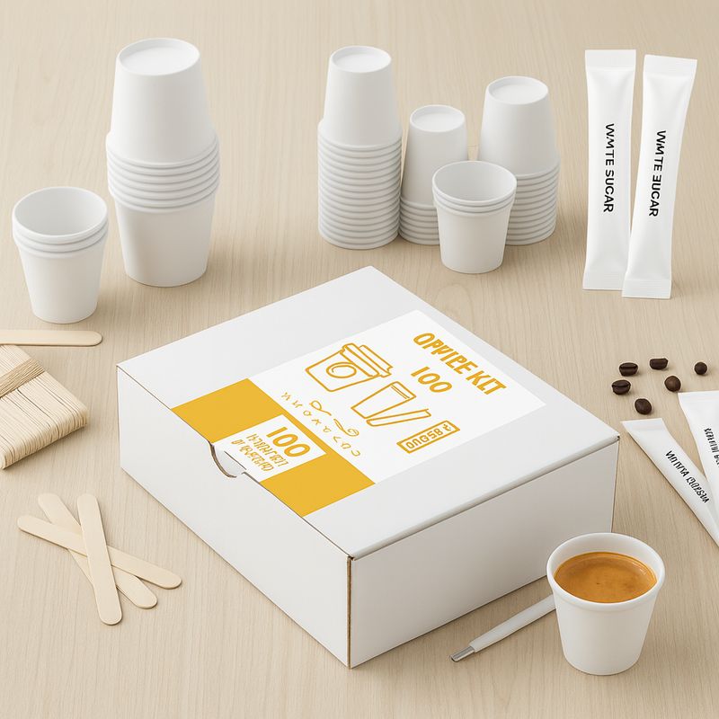 Office kit eco | 100 хартиени чаши, 100 дрвени лажички и 100 шеќерчиња